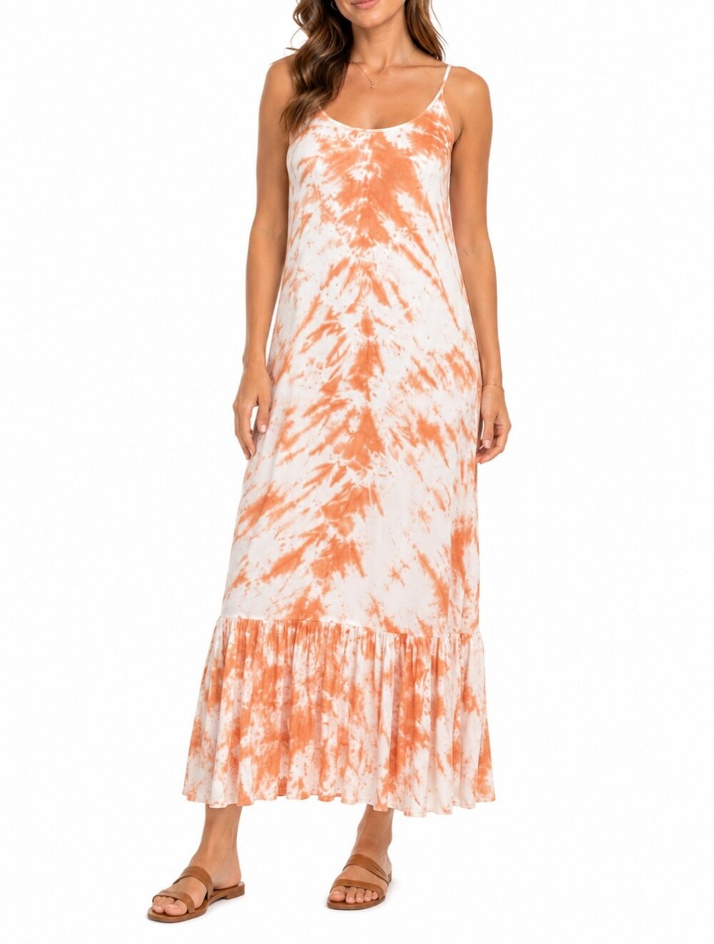 Elan Orange/White Tie Dye Criss Cross Strappy Back Maxi Dress